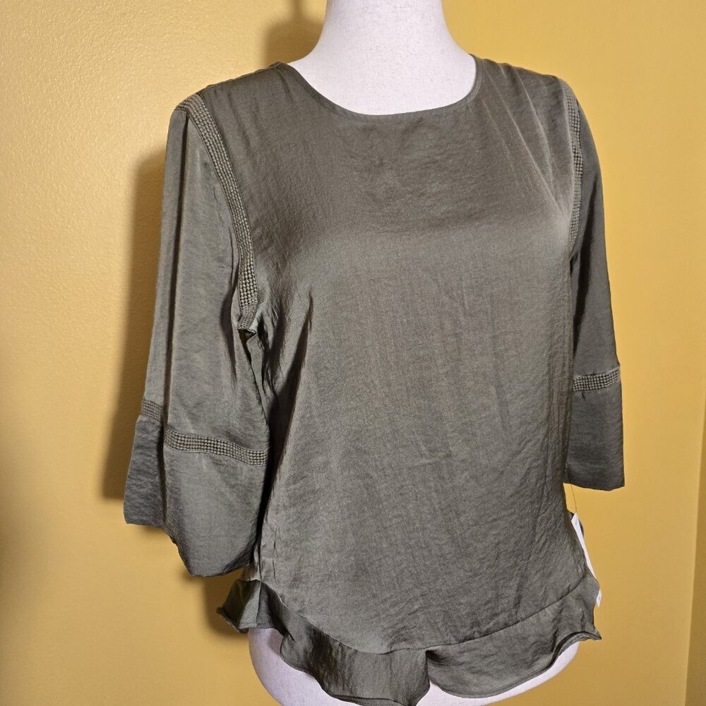 Apt 9 Womens Olive Green 3/4 Bell Sleeve Crew Neck Blouse Top Med Boho RN73277 - Picture 9 of 9